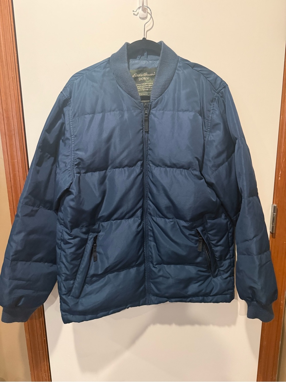 Eddie Bauer Men's Navy Quilted Down Bomber Jacket